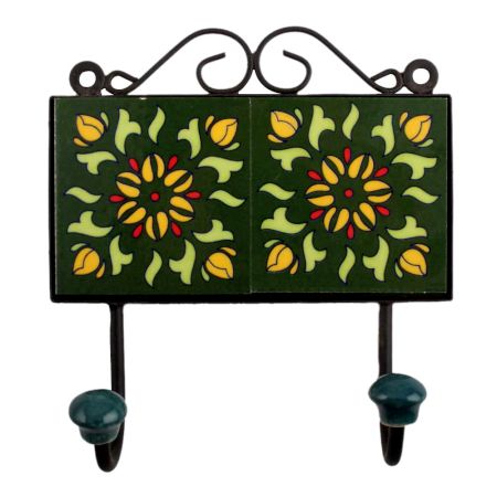 Forest Green Yellow Floral Tiles Hooks